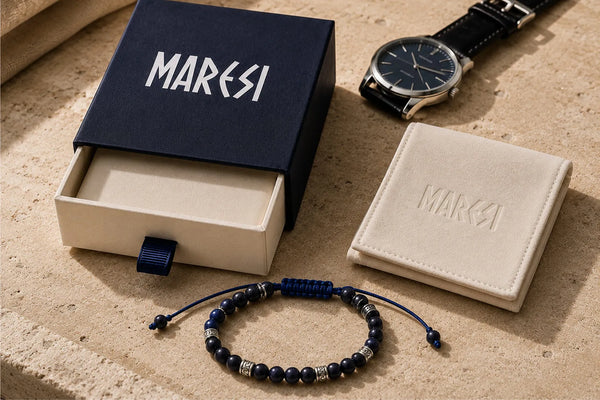 Blue beaded bracelet for boyfriend displayed beside a Maresi gift box, pouch and wristwatch