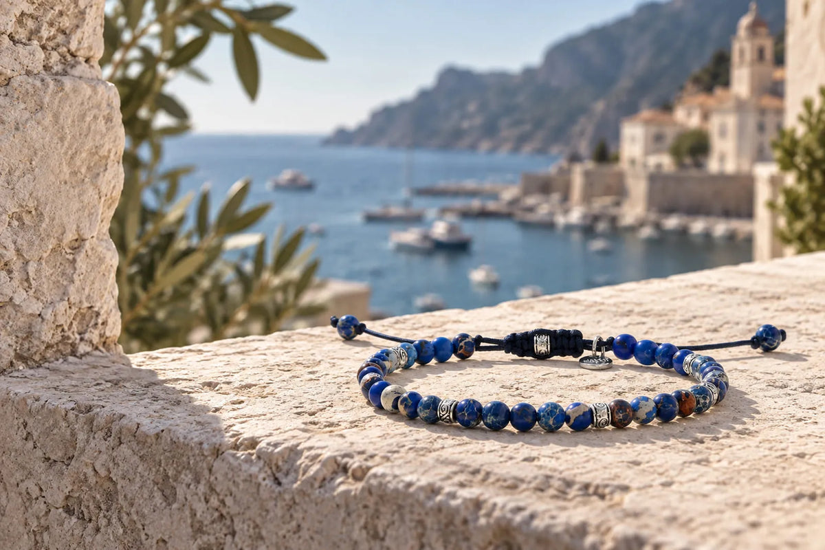 Blue beaded men’s bracelet resting on a stone ledge overlooking a Mediterranean coastal town.