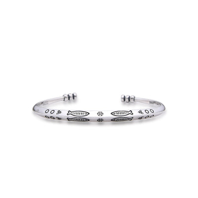 Front view of 925 sterling silver bracelet with fish and geometric symbols