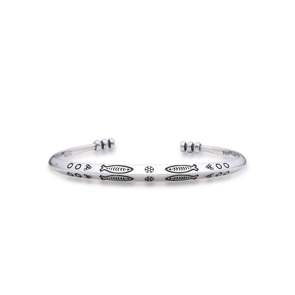 Front view of 925 sterling silver bracelet with fish and geometric symbols
