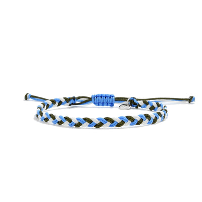 Handmade adjustable best friend friendship bracelet in blue, green, and white pattern