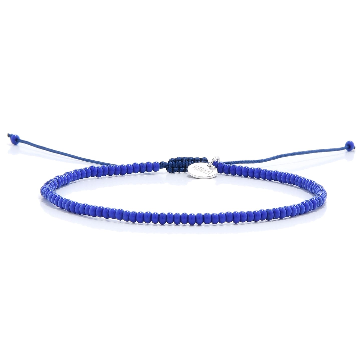 Elegant blue stretch bead bracelet with silver tag