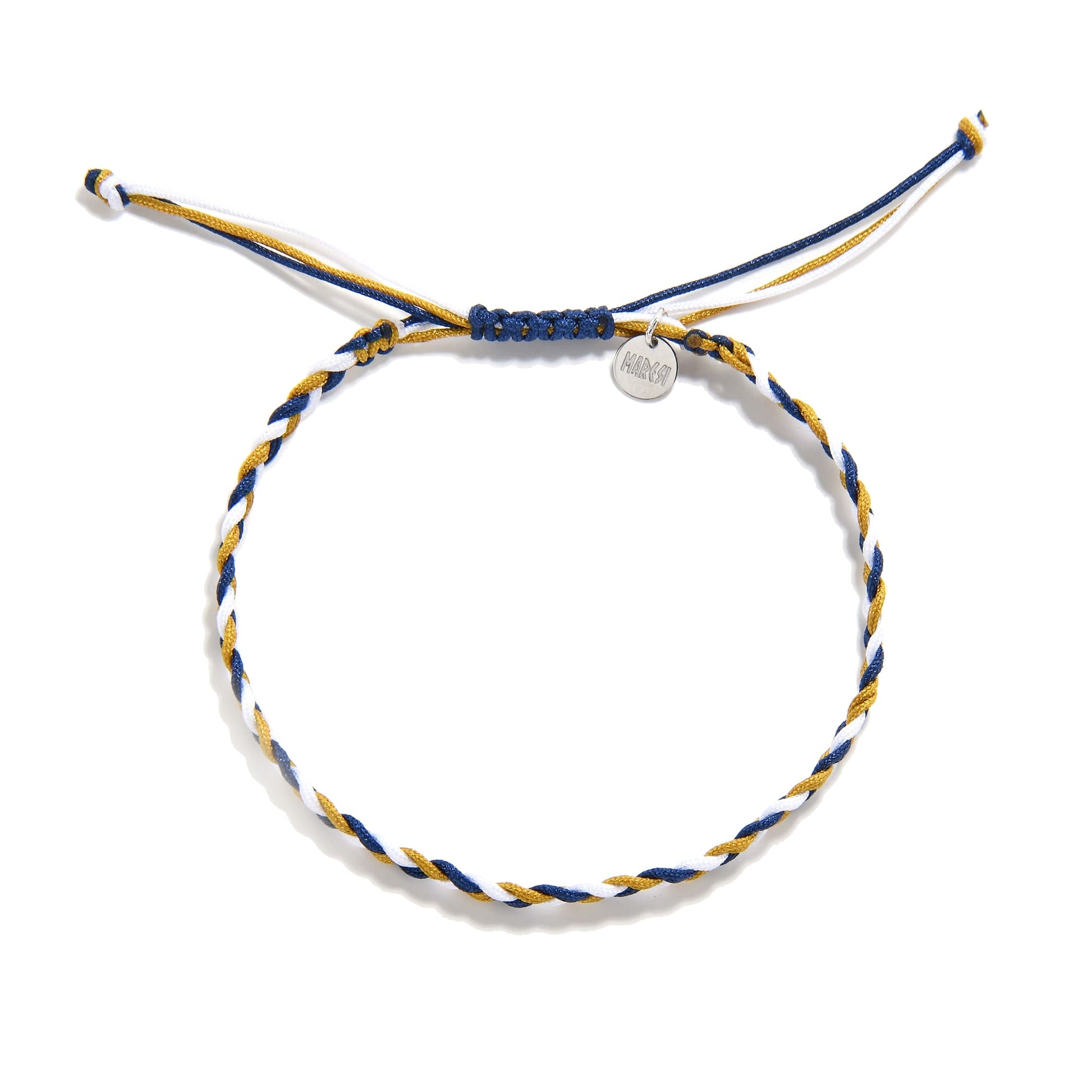 Full view of adjustable friendship bracelet with braided blue, gold, and white threads