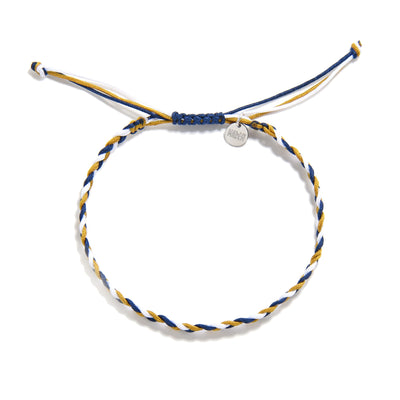 Full view of adjustable friendship bracelet with braided blue, gold, and white threads