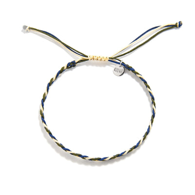 Adjustable braided friendship bracelet in blue, beige, and green tones.