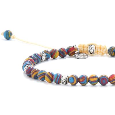 multicolored gemstone bracelet close-up featuring glossy multicolor beads and engraved accents