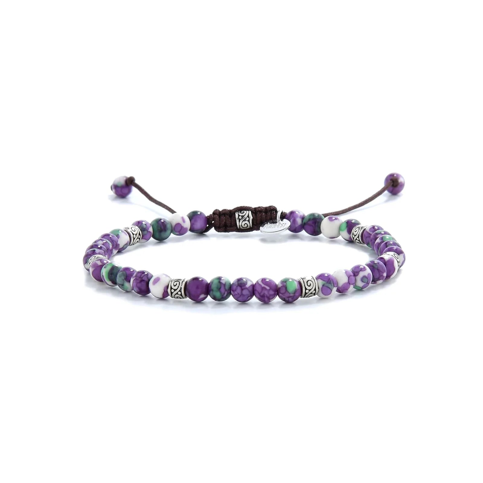 purple jasper bracelet with green, white beads and silver spacers.