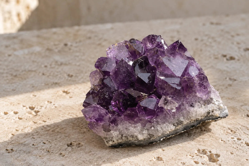 Natural amethyst purple gemstone crystal cluster with deep violet points
