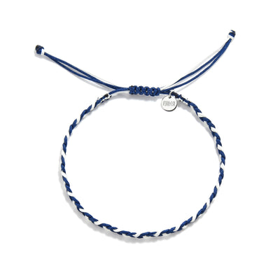 Top view of blue and white beaded friendship bracelet with adjustable ends