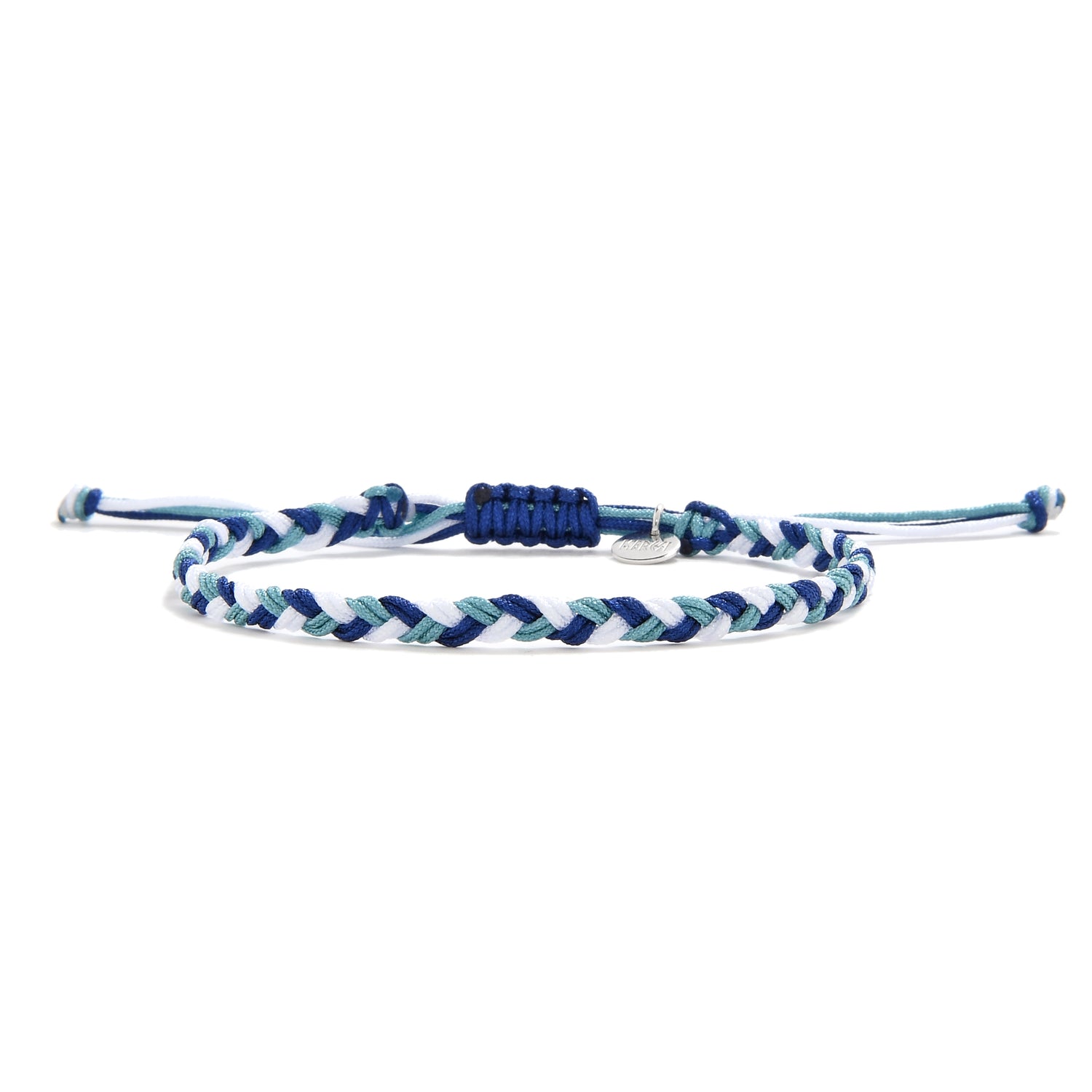 Blue and white Bellagio friendship woven bracelet with adjustable knot and metal charm.