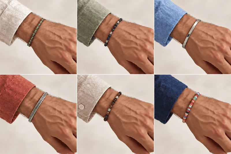 Six men's bracelet looks shown on the wrist, including woven, beaded, metal, and colorful styles.