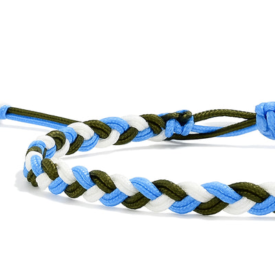 Close-up of blue, white, and green best friend friendship bracelet with braided design