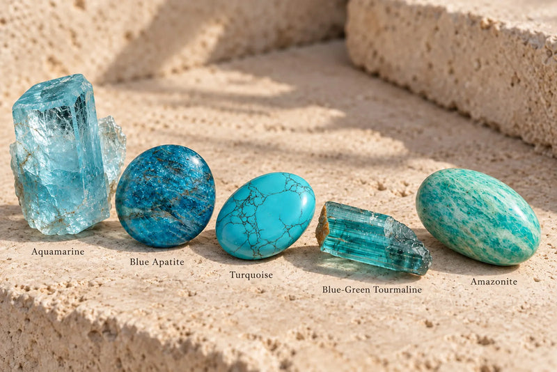 Blue and blue green gemstone names including aquamarine, blue apatite, turquoise, blue green tourmaline and amazonite.