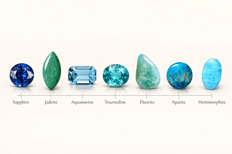 Blue green gemstones comparison featuring sapphire, jadeite, aquamarine, tourmaline, fluorite, apatite and hemimorphite