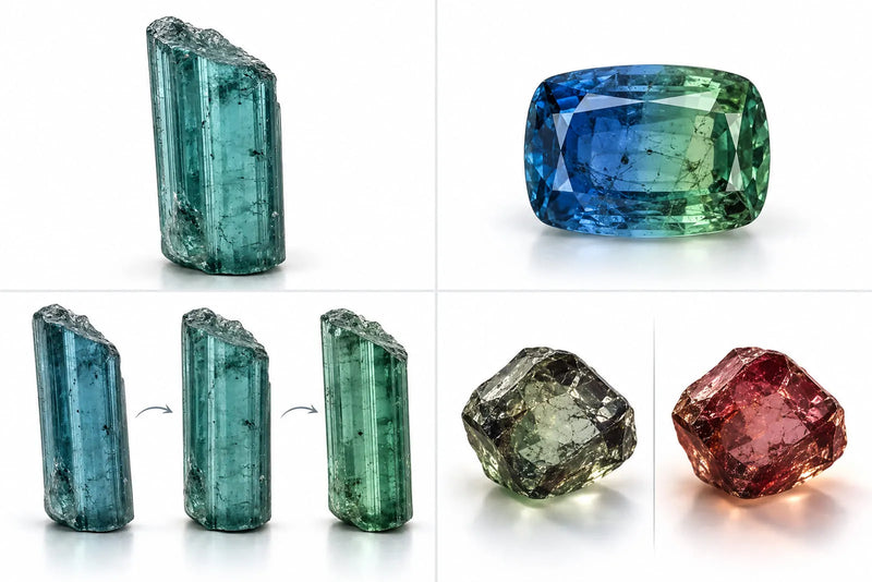 Blue green tourmaline showing natural crystal form, color zoning, pleochroism and different color appearances