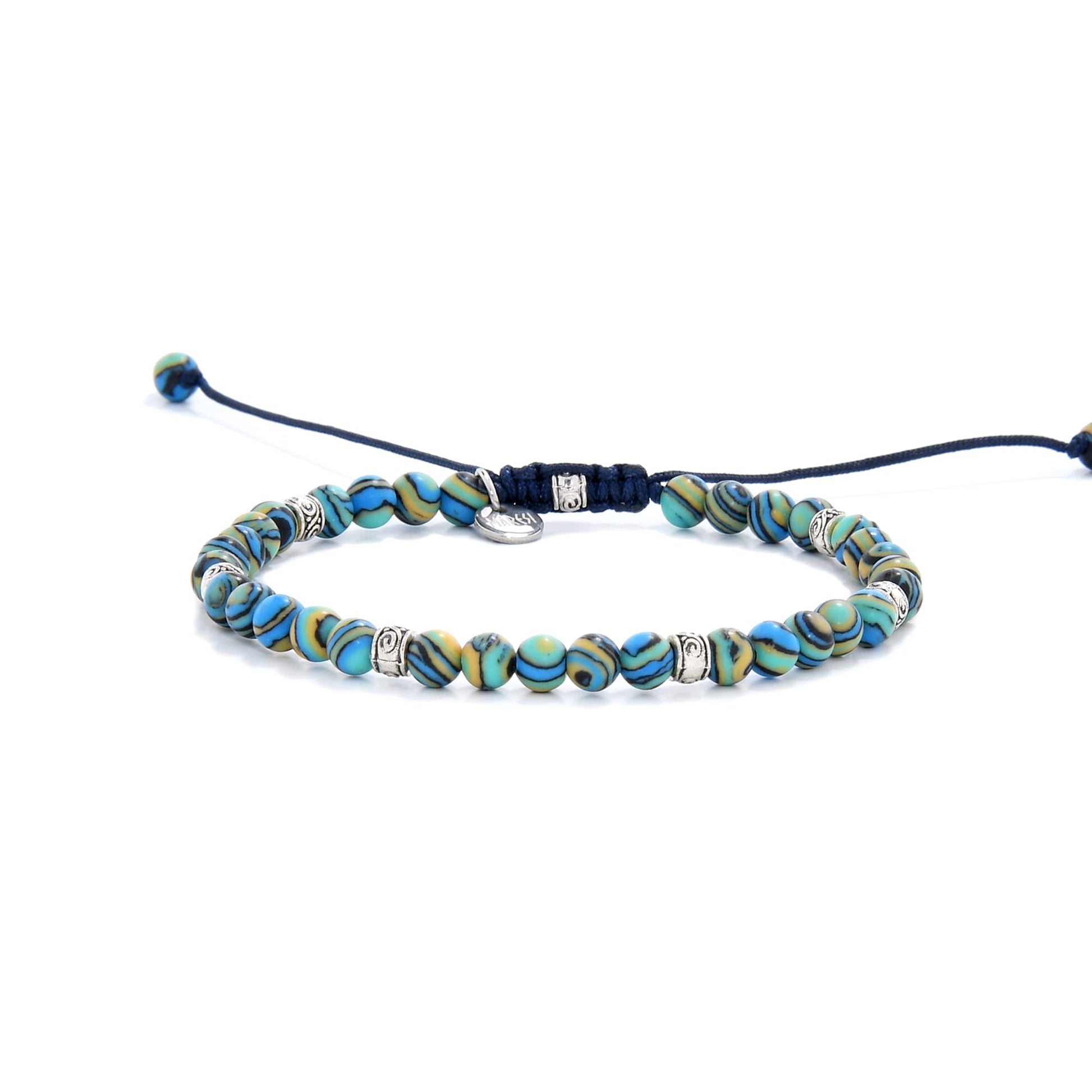 Bracelet malachite fully laid out with adjustable navy cord and polished round beads