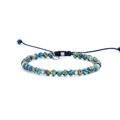 Bracelet malachite fully laid out with adjustable navy cord and polished round beads