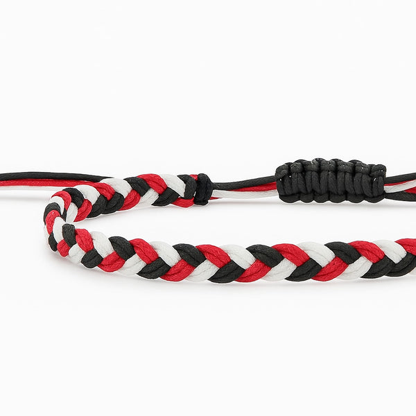 Thick friendship bracelet arts pattern featuring red, black and white braiding
