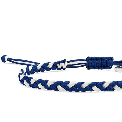 Blue and white beaded friendship bracelet with braided cord and slider knot