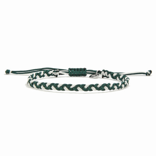 Castel adjustable friendship bracelet with green and white braided cords