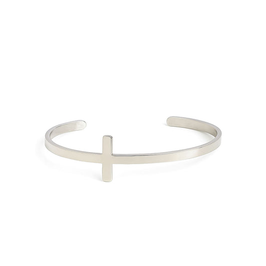 Front view of silver cross bracelet, minimalist cuff design.