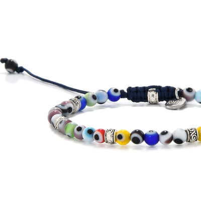 Adjustable evil eye bracelet with multicolor glass beads and metal-tone accents on a navy cord