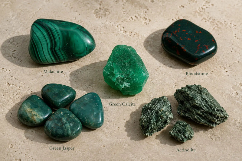 Dark green gemstones including malachite, bloodstone, green calcite, green jasper and actinolite displayed on limestone.