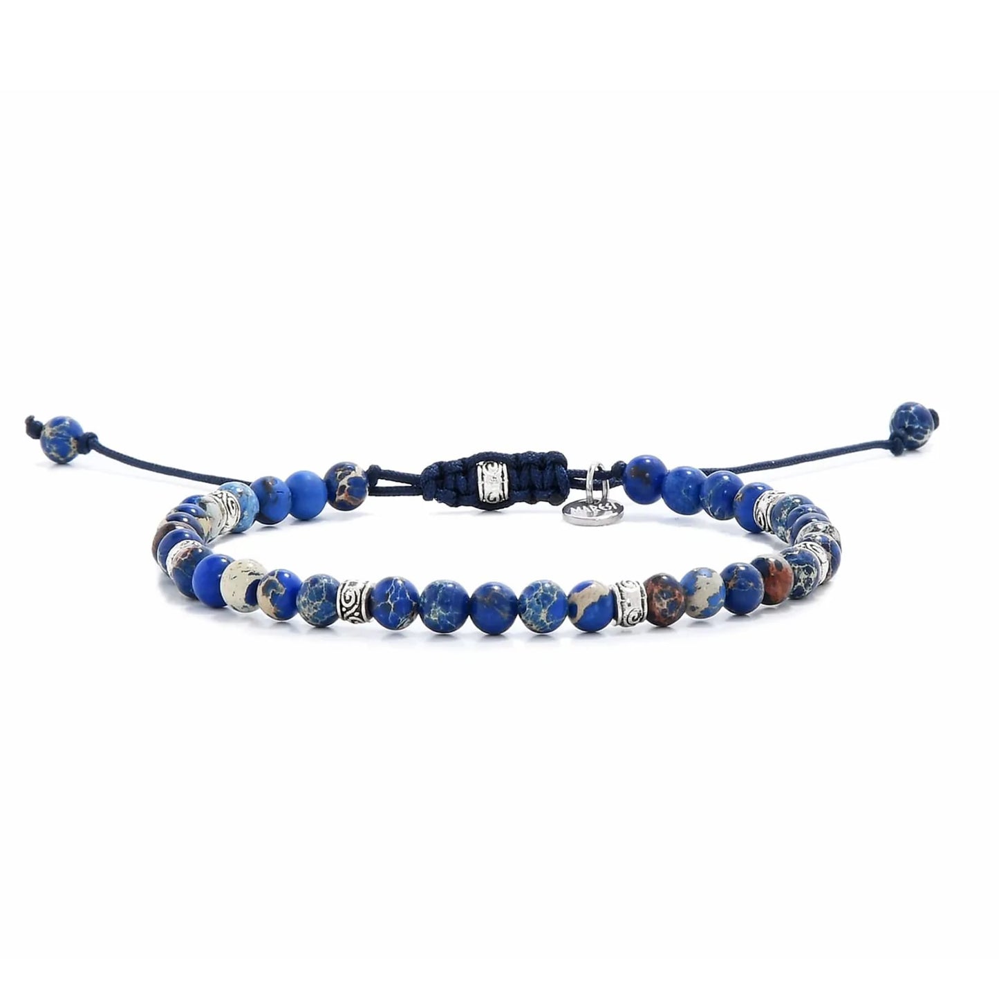 Jasper bracelet with mixed blue and brown beads and silver accents displayed flat