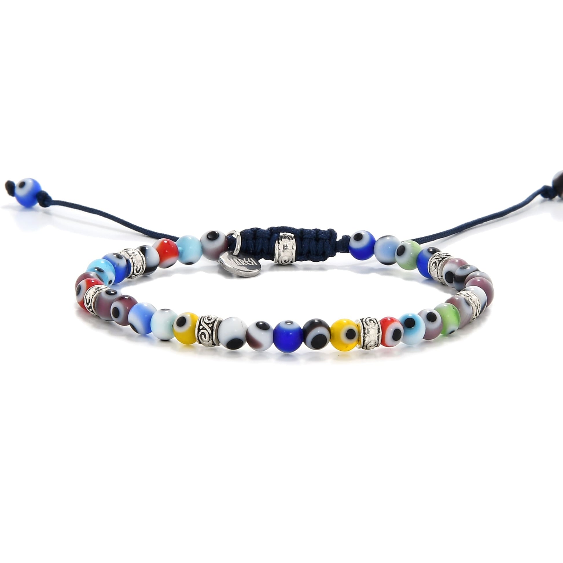 Full view of evil eye bracelet with assorted bead colors and adjustable navy cord closure
