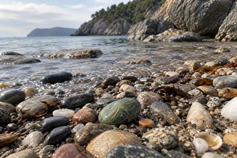 Natural green stone lying among mixed pebbles on a rocky shoreline near the water