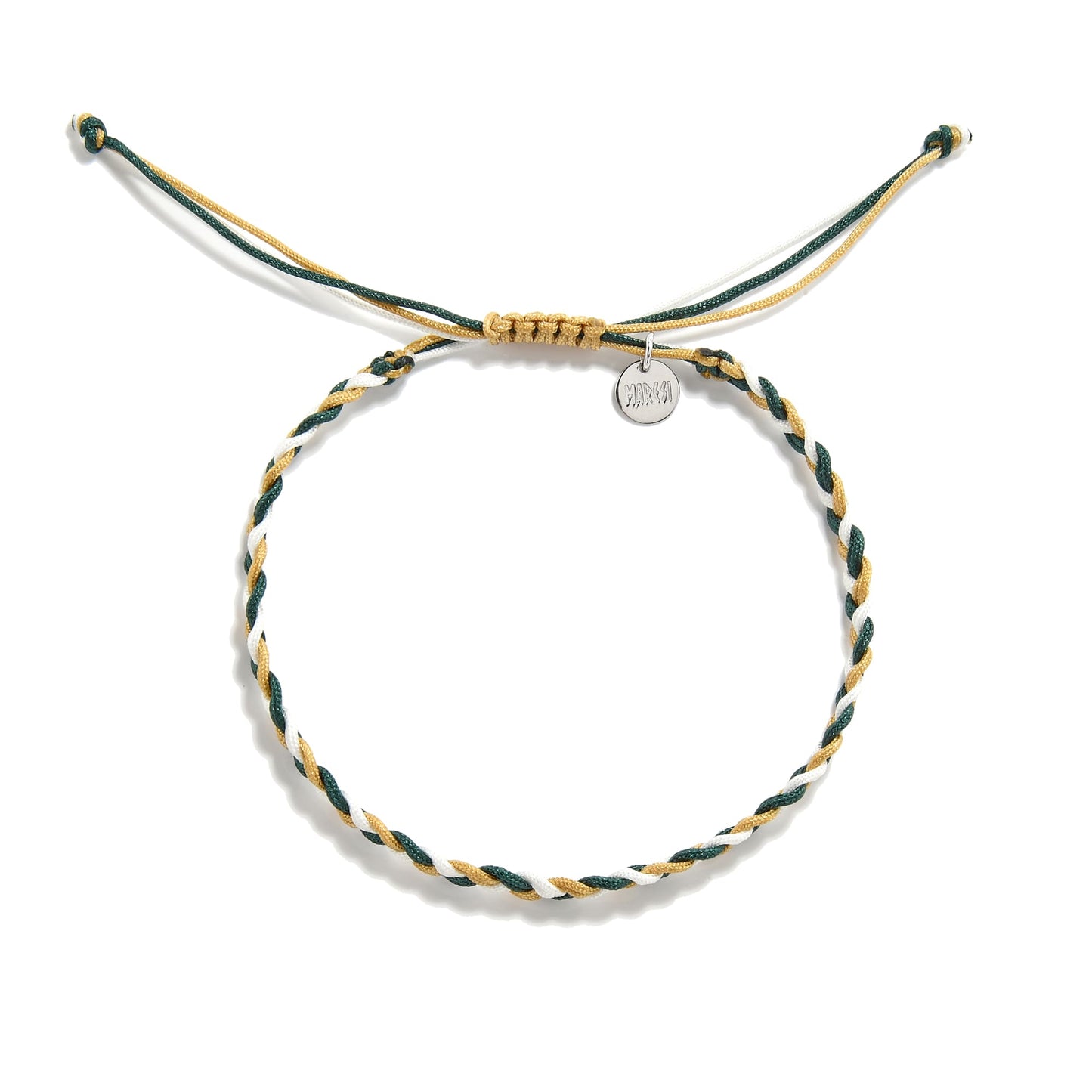 Adjustable braided friendship bracelet in green, white, and gold colors, representing growth and positivity.