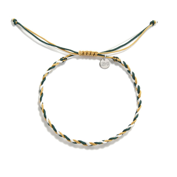 Adjustable braided friendship bracelet in green, white, and gold colors, representing growth and positivity.
