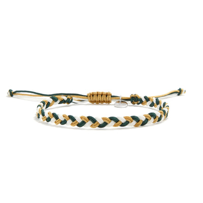 Front view of a braided friendship bracelet in green, white, and gold colors for stylish everyday wear.