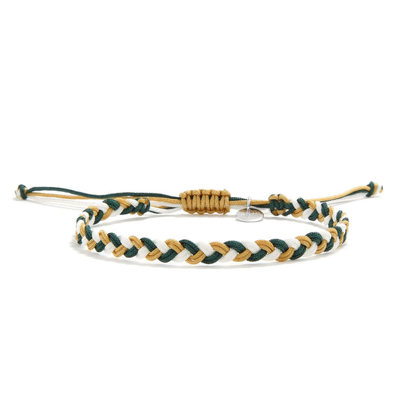 Front view of a braided friendship bracelet in green, white, and gold colors for stylish everyday wear.