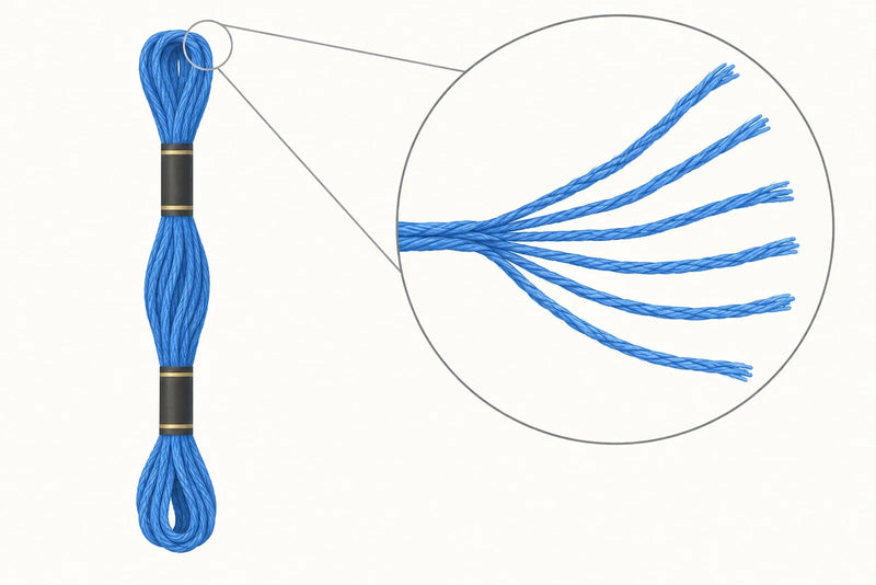 Close-up illustration of blue friendship bracelet string showing six individual cotton strands separated from an embroidery floss bundle.