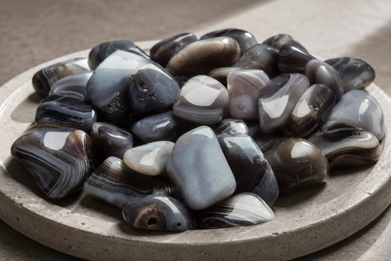 Gray Stone Jewelry materials displayed as polished banded gray gemstones in a minimalist stone tray.