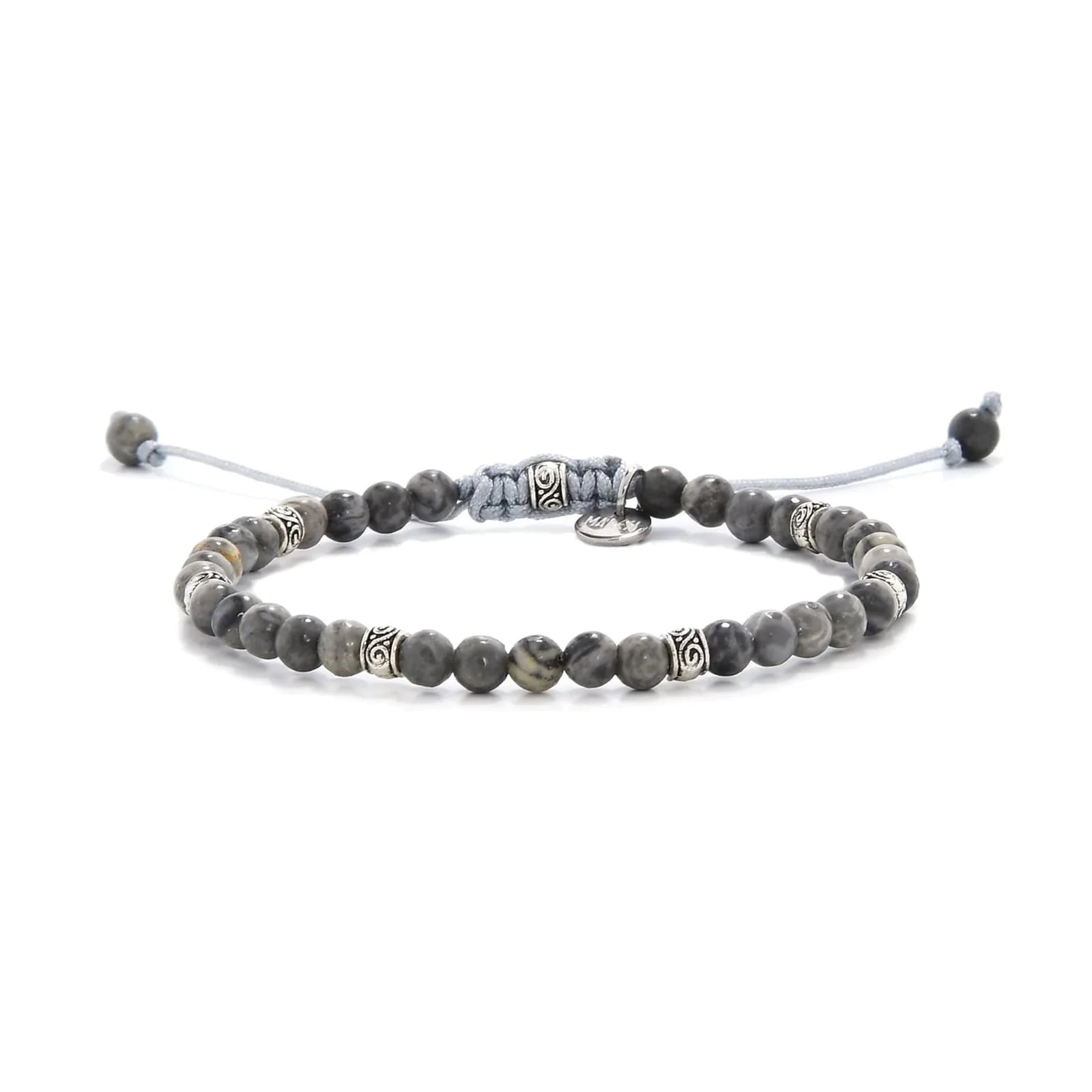 Beaded gray jasper bracelet with metal accent beads on adjustable cord.