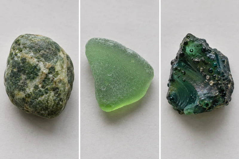Comparison of a natural green beach stone, frosted green sea glass, and dark green industrial slag