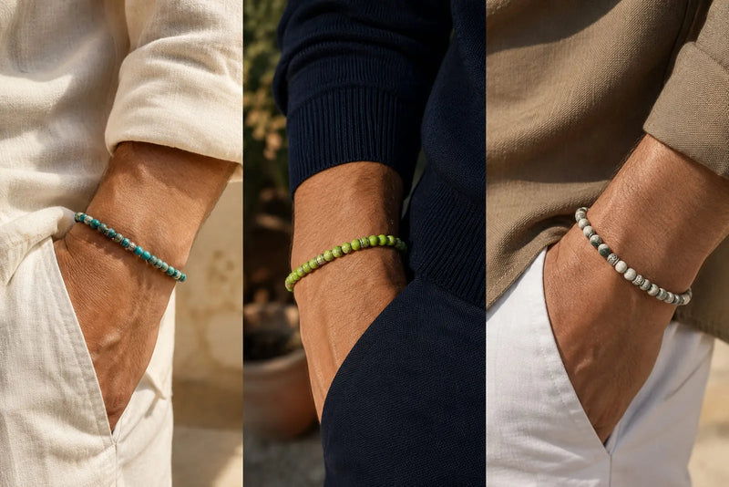 Three men wearing slim green gemstone bracelets with cream, navy and taupe outfits in warm Mediterranean sunlight.
