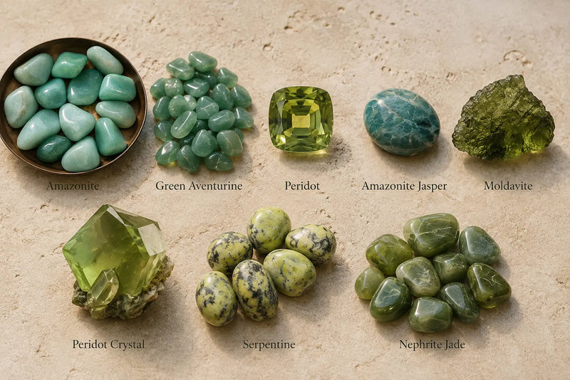 Green gemstones including amazonite, aventurine, peridot, moldavite, serpentine and nephrite jade arranged on limestone.