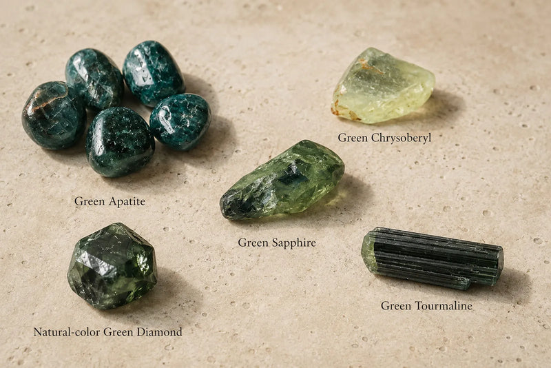 Green apatite, chrysoberyl, sapphire, tourmaline and natural color green diamond displayed individually on warm limestone.