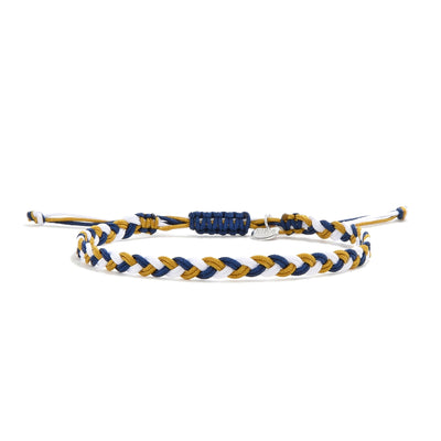 Handcrafted adjustable friendship bracelet in blue, gold, and white with charm tag