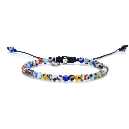 Evil eye bracelet featuring colorful glass beads and silver accents.