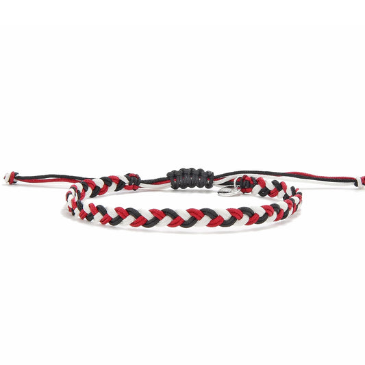 Artistic friendship bracelet arts design with red, black and white braided threads
