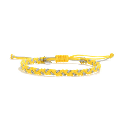 Handmade adjustable friendship bracelet thread in gray and yellow with sliding knot and tag