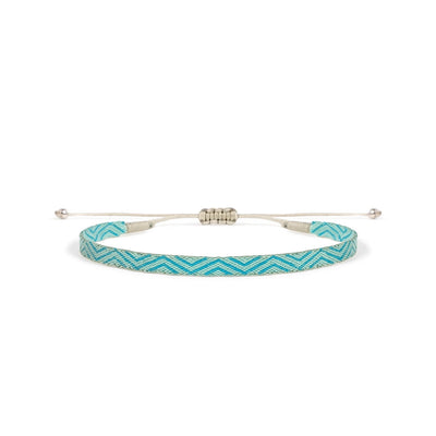 Handmade Rope Bracelet Mens with chevron weave in light blue and adjustable beige string closure.