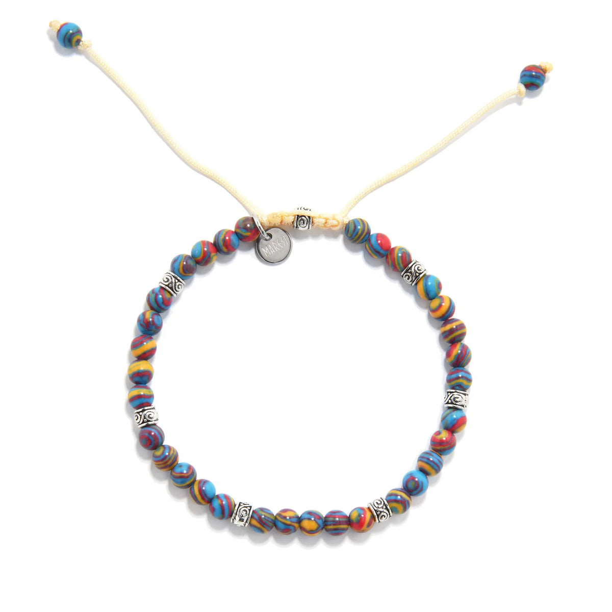 Handmade multicolored gemstone bracelet with vibrant blue, red, and yellow beads paired with silver decorative spacers.