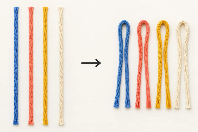 Four colors of friendship bracelet string shown before and after folding, creating eight working ends for bracelet making.