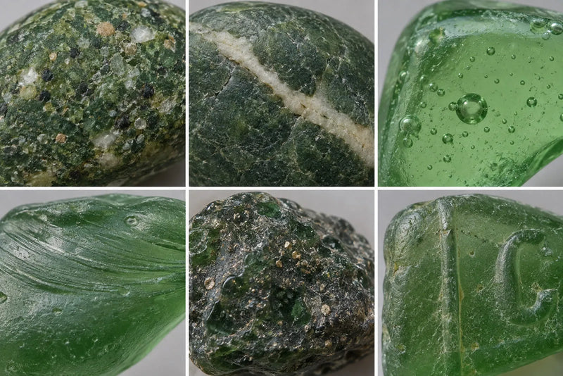 Close-up identification clues including mineral grains, stone veins, glass bubbles, flow lines, slag texture, and molded glass