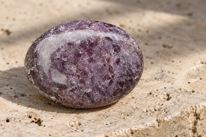 Polished lepidolite purple gemstone with lilac tones and white mineral banding